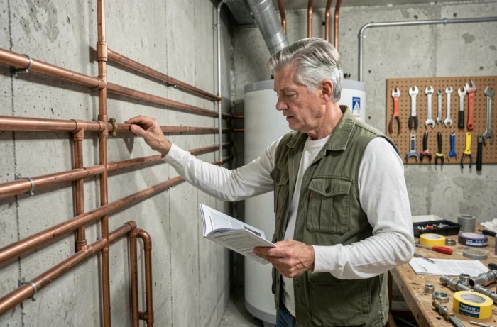Homme étudiant un réseau de tuyaux PVC et cuivre dans un sous-sol avec un guide de plomberie en main