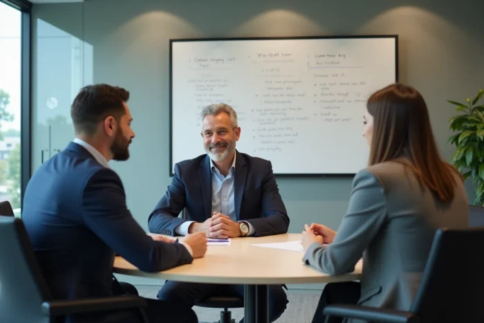 Réunion d'évaluation de candidats entre professionnels RH dans une salle de conférence d'une agence de recrutement
