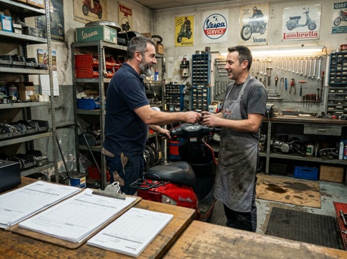 Rollerbesitzer übergibt sein Zweirad einem Mechaniker in einer unabhängigen Werkstatt zur präventiven Wartung