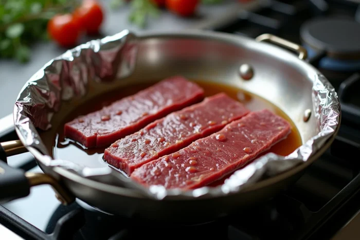 Tranches de rosbif réchauffées à la poêle avec du bouillon et couvertes de papier aluminium sur une gazinière