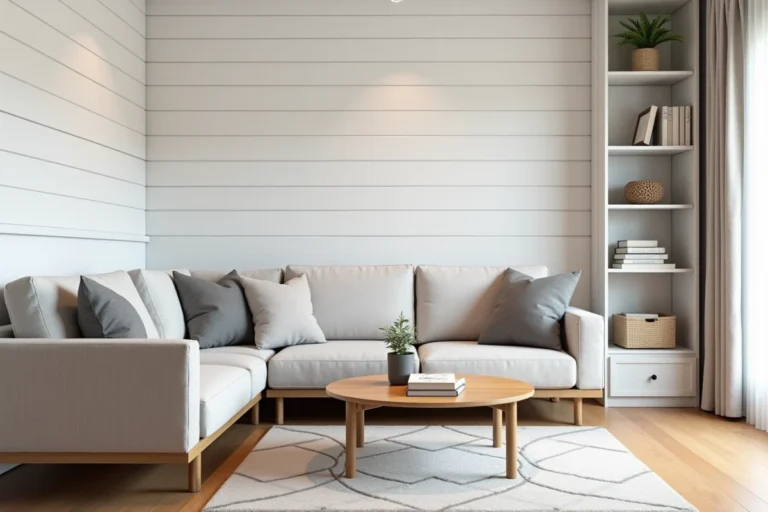 Salon compact et bien aménagé dans une petite maison, avec canapé en lin gris, étagères intégrées et parquet en chêne clair