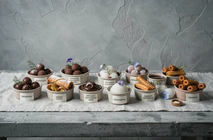 Sélection de gourmandises internationales incluant truffes belges, cannoli italiens, mochi japonais et churros espagnols sur une table décorée