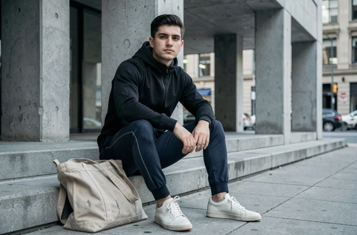 Jeune homme en tenue streetwear technique 2024 assis sur des marches en béton devant un bâtiment brutaliste urbain