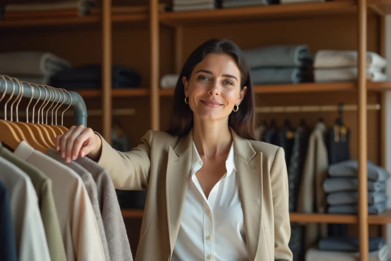 Femme élégante dans une boutique parisienne portant un blazer beige et une blouse blanche, illustrant le style raffiné d'Anne-Elisabeth Lemoine