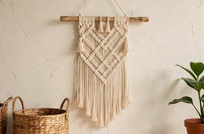 Suspension murale en macramé faite main avec des nœuds en corde de coton naturel accrochée sur un bâton en bois