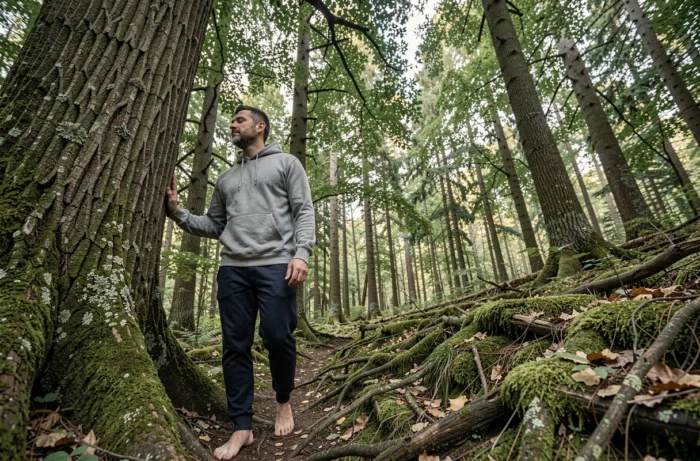 Homme pratiquant la sylvothérapie en forêt, main posée sur un tronc d'arbre, expression apaisée