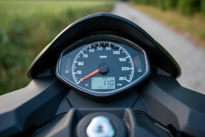 Tableau de bord du Yamaha Xmax 125 affichant 110 km/h et plus de 10 000 km au compteur, gros plan réaliste