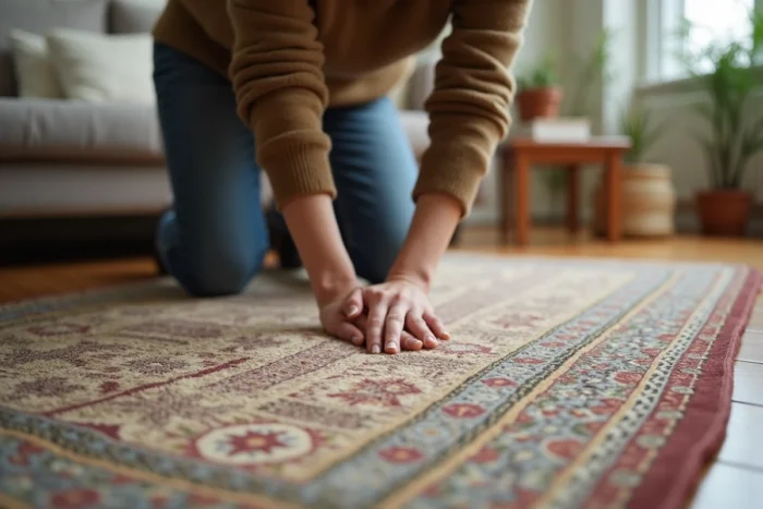 Femme inspectant la texture d'un tapis en laine propre après nettoyage professionnel à domicile