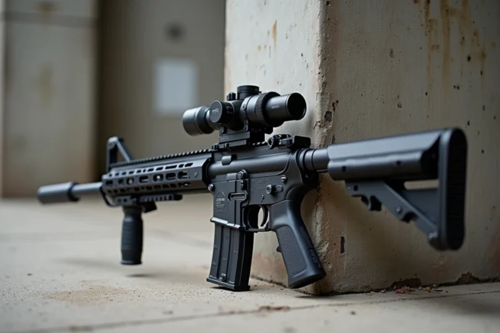 Carabine Taran Tactical TR-1 Ultralight avec garde-main squelettisé, frein de bouche et optique basse profile contre un pilier en béton