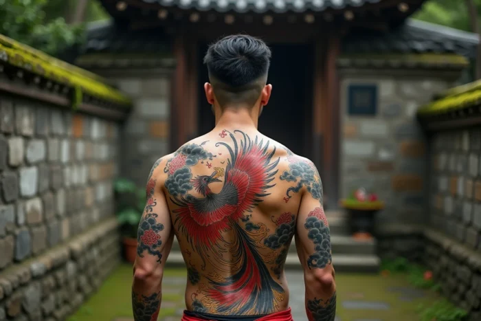 Homme au dos entièrement tatoué d'un phénix japonais traditionnel devant un temple en pierre recouvert de mousse