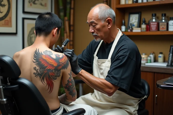 Tatoueur japonais travaillant sur un grand tatouage phénix irezumi dans un studio traditionnel au décor authentique