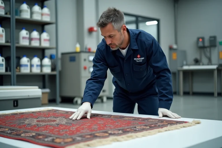 Technicien professionnel inspectant un tapis persan dans une blanchisserie industrielle moderne