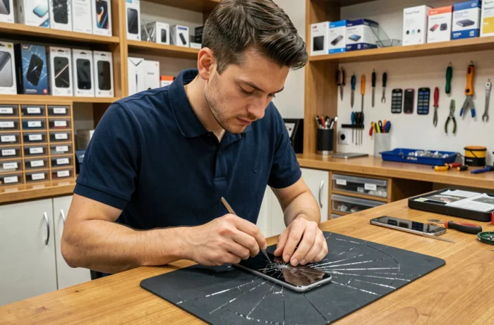 Technicien professionnel réparant l'écran fissuré d'un smartphone dans un atelier de réparation moderne et organisé