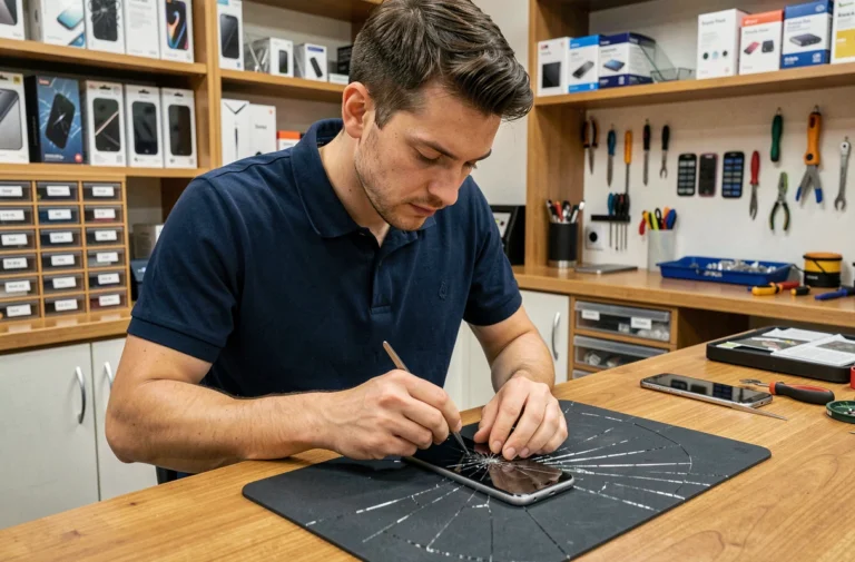 Technicien professionnel réparant l'écran fissuré d'un smartphone dans un atelier de réparation moderne et organisé