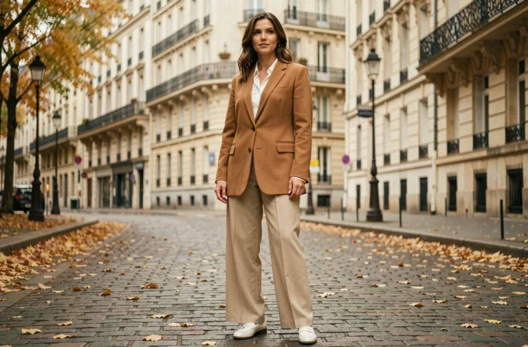 Femme en blazer camel oversize et pantalon large marche dans une rue pavée parisienne en automne, look tendance mode 2024