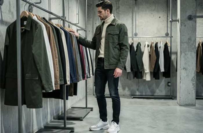 Uomo in giacca workwear verde abete e dolcevita crema in un concept store minimalista, stile tendenza uomo 2024