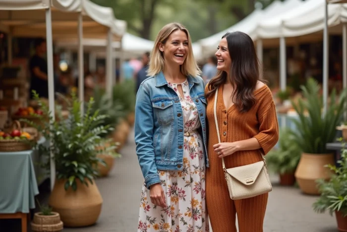 Deux femmes tendance au marché en plein air portant une veste en denim patchwork et un ensemble en maille terracotta, inspirations mode 2024