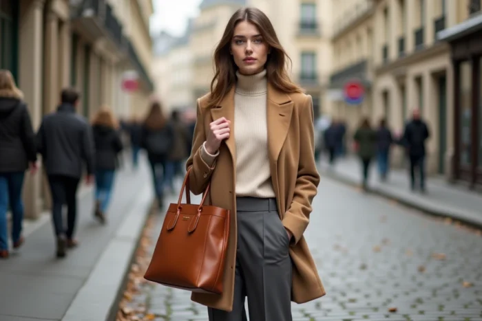 Femme élégante en manteau camel et pantalon large gris ardoise dans une rue pavée parisienne en automne, tendances mode 2024