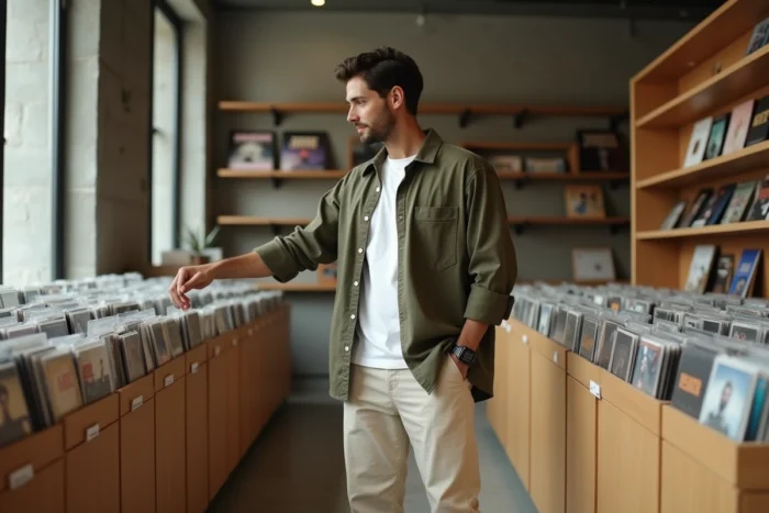 Homme stylé en chemise oversize verte et baskets épaisses dans un concept store minimaliste, style quotidien tendances 2024