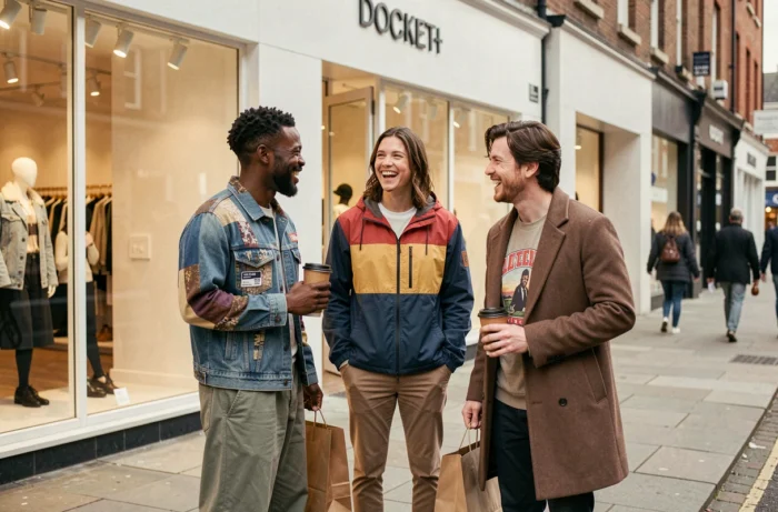 Groupe de jeunes amis aux styles de mode urbaine variés devant un concept store tendance en 2024