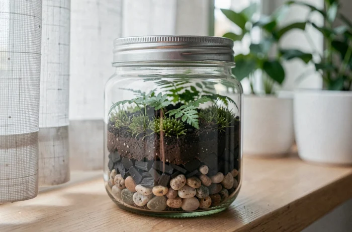 Terrarium artisanal dans un bocal en verre recyclé avec des couches de gravier, mousse et petites fougères