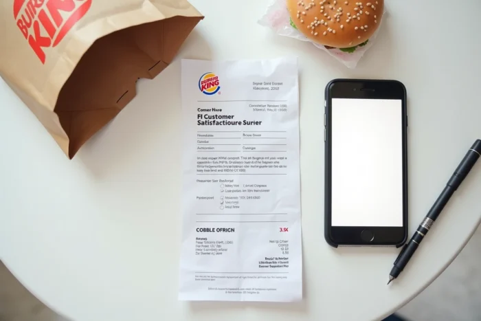 Vue de dessus du ticket de caisse Burger King posé à côté d'un smartphone ouvert sur le questionnaire de satisfaction client