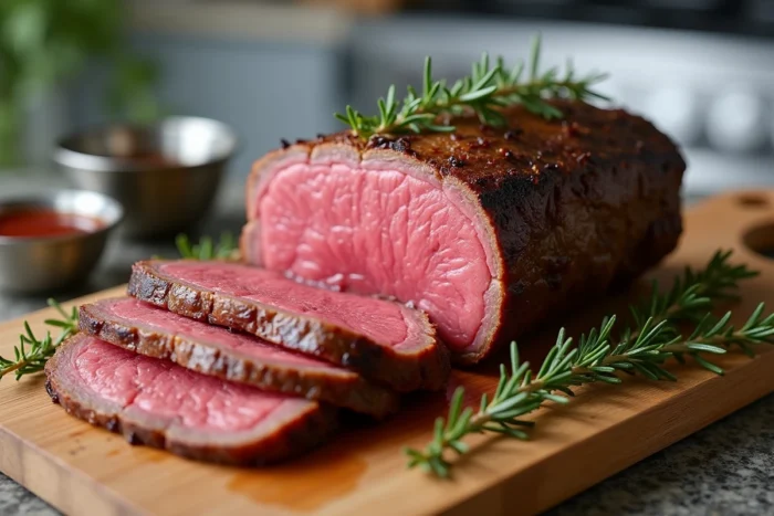 Tranches de rosbif rosé et juteux sur une planche en bois avec du thym frais et un bol de jus de viande