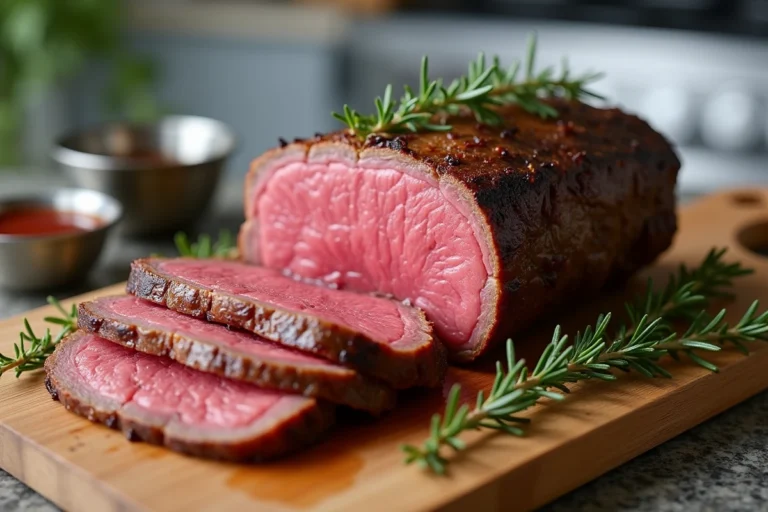 Tranches de rosbif rosé et juteux sur une planche en bois avec du thym frais et un bol de jus de viande