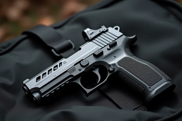 Pistolet de compétition TTI Pit Viper avec slide usiné, canon fileté et stippling agressif sur housse tactique noire