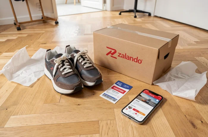 Unboxing de commande Zalando avec code promo et sneakers sur parquet en bois