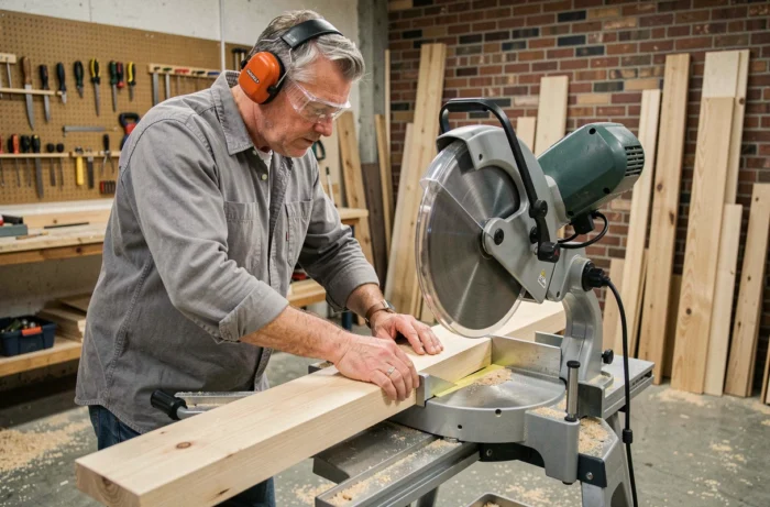 Artisan en atelier positionnant une planche en bois sur une scie à onglet radiale avec équipements de protection