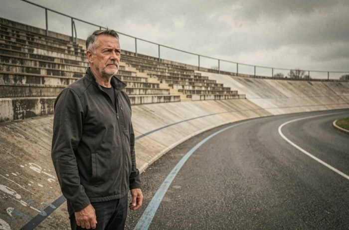 Homme athlétique debout seul sur une piste de vélodrome vide, symbolisant l'incertitude d'un retour potentiel dans le monde du cyclisme professionnel