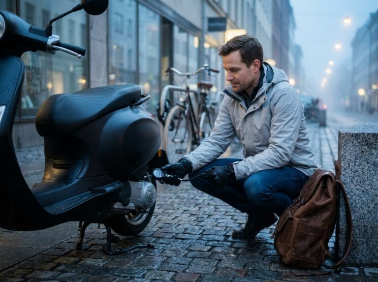 Homme vérifiant la pression des pneus de son scooter urbain avant de partir au travail le matin
