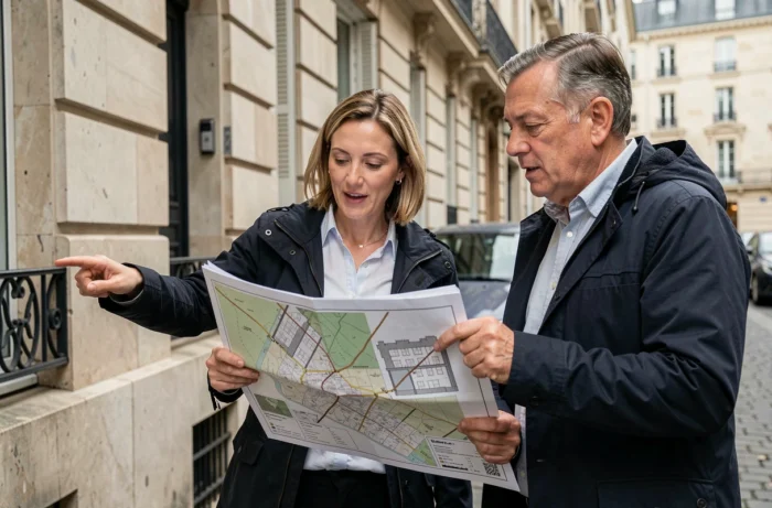 Deux professionnels de l'immobilier consultant un plan cadastral devant un immeuble résidentiel pour identifier le propriétaire