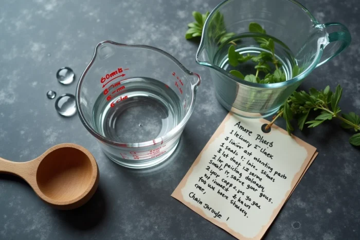 Vue de dessus de deux verres doseurs en cuisine montrant 60 ml et 6 cl côte à côte sur marbre gris