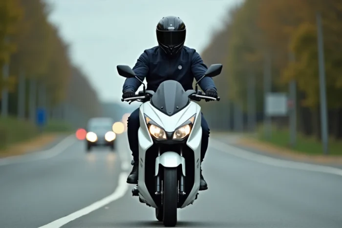 Yamaha Xmax 125 en circulation sur route ouverte, vue de trois quarts dynamique avec scooter blanc et pilote en veste textile marine