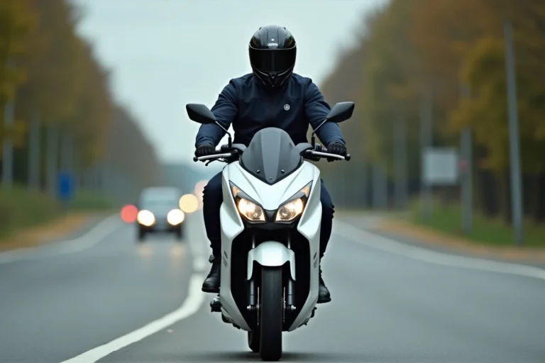 Yamaha Xmax 125 en circulation sur route ouverte, vue de trois quarts dynamique avec scooter blanc et pilote en veste textile marine